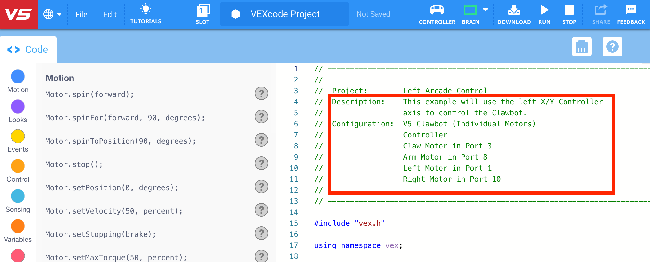 VEXcode V5 με ανοιχτό το παράδειγμα έργου Left Arcade Control και με επισημασμένα τα πεδία σχολίων Περιγραφή και Διαμόρφωση.