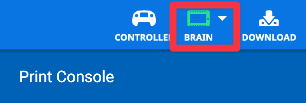Γραμμή εργαλείων VEXcode V5 με επισημασμένο το πράσινο εικονίδιο εγκεφάλου, που υποδεικνύει ότι ο εγκέφαλος είναι συνδεδεμένος.