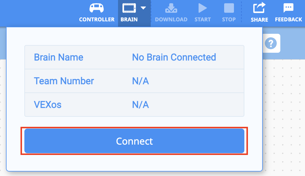 VEXcode V5 με ανοιχτό το αναπτυσσόμενο μενού Brain και επισημασμένο το κουμπί Connect.