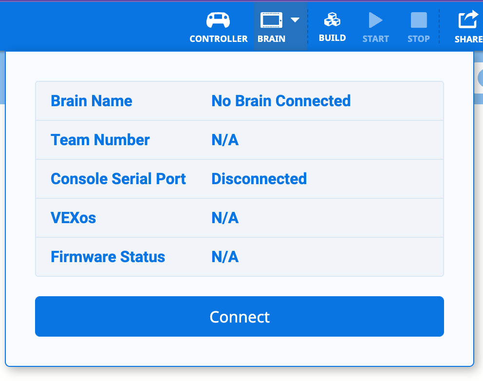 VEXcode V5 με ανοιχτό το αναπτυσσόμενο μενού Brain και χωρίς συνδεδεμένο Brain.