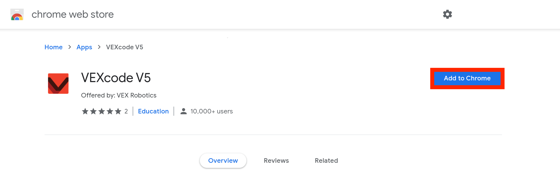 Καταχώριση VEXcode V5 στο Chrome Web Store με επισημασμένο το κουμπί "Προσθήκη στο Chrome".
