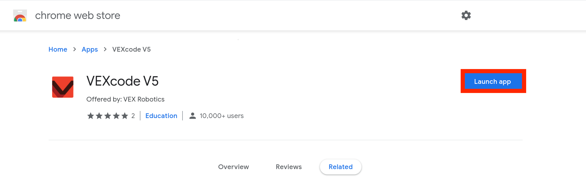 Καταχώριση VEXcode V5 στο Chrome Web Store μετά την εγκατάσταση της εφαρμογής. Το κουμπί Εκκίνηση εφαρμογής είναι επισημασμένο.