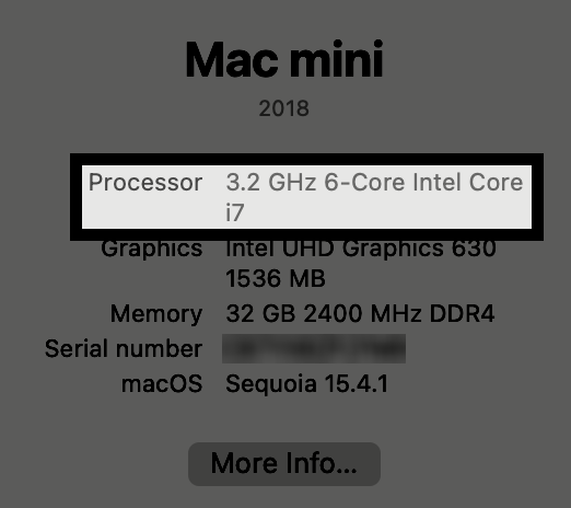 Το μενού "Σχετικά με αυτό το Mac" είναι ανοιχτό και οι πληροφορίες για τον επεξεργαστή είναι επισημασμένες. Σε αυτό το παράδειγμα, ο Mac διαθέτει επεξεργαστή Intel.