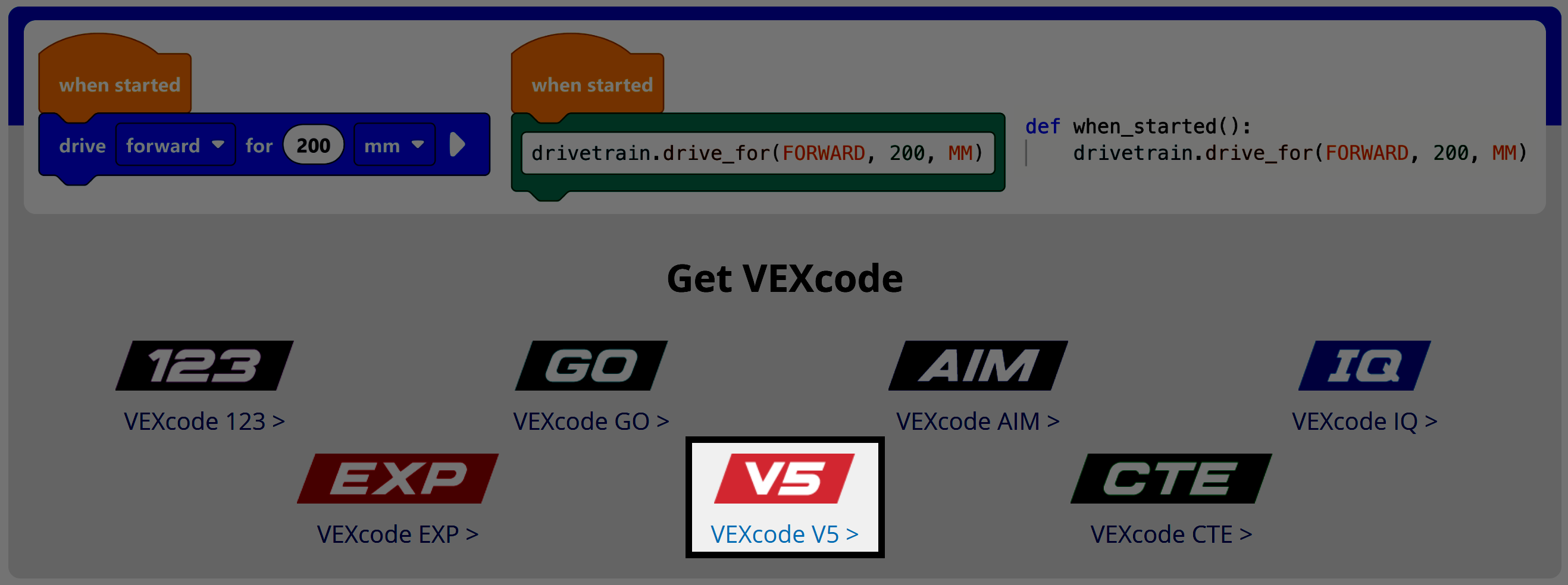 Αποκτήστε την ενότητα VEXcode της σελίδας VEXcode, με έναν επισημασμένο σύνδεσμο για λήψη του VEXcode V5.