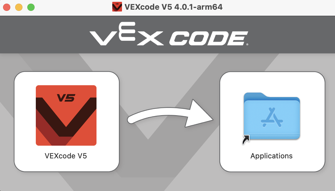 Οθόνη εγκατάστασης του VEXcode V5 που εμφανίζει το εικονίδιο για το VEXcode V5 δίπλα στο εικονίδιο για τον φάκελο Εφαρμογές.