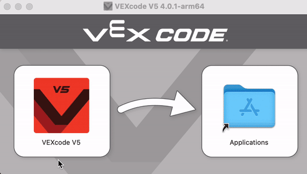 Οθόνη εγκατάστασης του VEXcode V5 με έναν κέρσορα που επιλέγει το εικονίδιο της εφαρμογής VEXcode V5 και το σύρει στο εικονίδιο του φακέλου Εφαρμογές.
