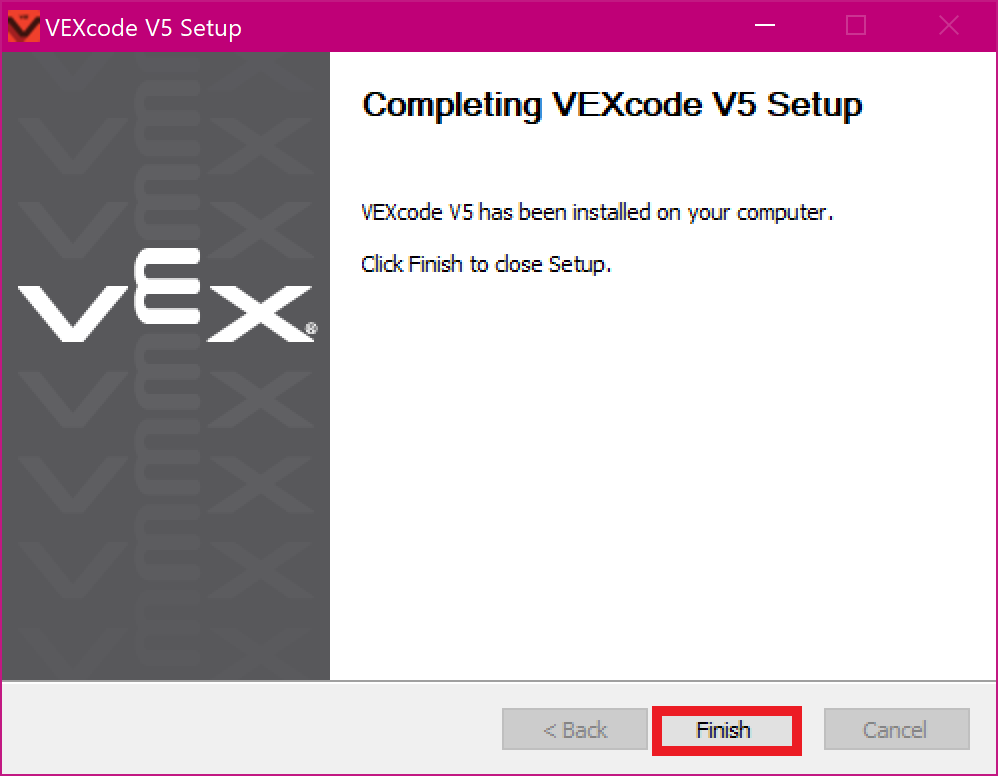 Παράθυρο Ρύθμισης VEXcode V5 που εμφανίζει την οθόνη Ολοκλήρωση Ρύθμισης VEXcode V5. Το κουμπί Τέλος παρακάτω είναι επισημασμένο.