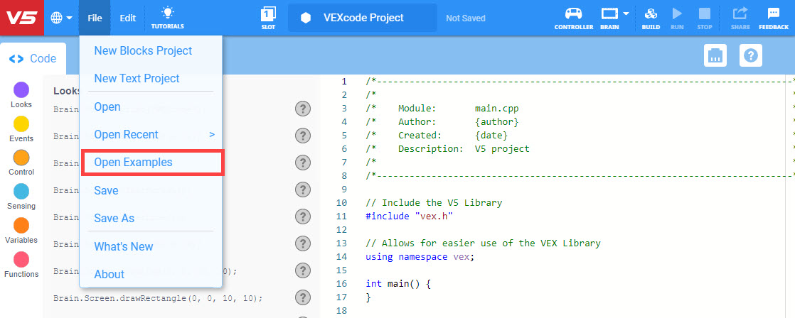Γραμμή εργαλείων VEXcode V5 με ανοιχτό το μενού Αρχείο και επισημασμένη την επιλογή Άνοιγμα Παραδειγμάτων. Η επιλογή Άνοιγμα Παραδειγμάτων είναι η πέμπτη επιλογή στο μενού, κάτω από τα Νέα Έργα Μπλοκ, Νέο Έργο Κειμένου, Άνοιγμα και Άνοιγμα Πρόσφατων.