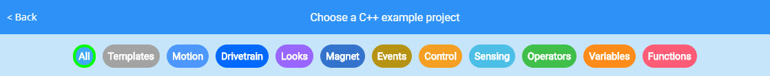 Μενού παραδειγμάτων έργων VEXcode C++ με μια ποικιλία έργων σε διαφορετικές κατηγορίες για να διαλέξετε.