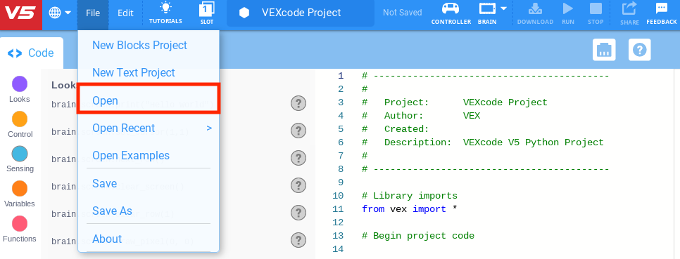 Γραμμή εργαλείων VEXcode V5 με ανοιχτό το μενού Αρχείο και επισημασμένη την επιλογή Άνοιγμα. Η τρίτη επιλογή στο μενού είναι το Άνοιγμα, κάτω από το Νέο Έργο Μπλοκ και το Νέο Έργο Κειμένου.