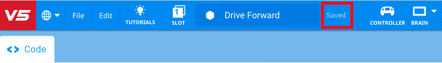 Η γραμμή εργαλείων VEXcode V5 με το πεδίο ονόματος έργου να έχει αλλάξει σε Drive Project. Η ετικέτα στα δεξιά επισημαίνεται και αναφέρει Αποθηκεύτηκε.