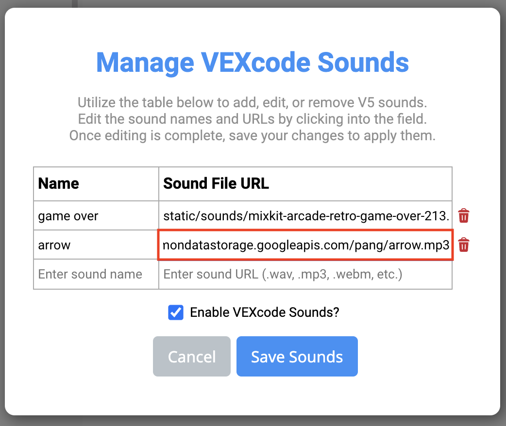 VEXcode V5 Διαχείριση του μενού Ήχοι VEXcode με την επόμενη κενή γραμμή στη λίστα ήχων επισημασμένη. Το όνομα έχει οριστεί σε βέλος και έχει εισαχθεί η νέα διεύθυνση URL του αρχείου ήχου.