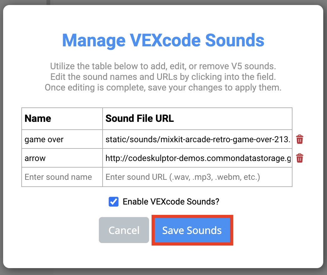 VEXcode V5 Διαχείριση του μενού Ήχων VEXcode με επισημασμένο το κουμπί Αποθήκευση ήχων.