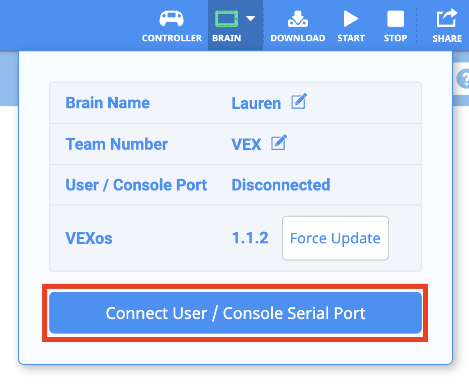 Γραμμή εργαλείων VEXcode V5 με επιλεγμένο το πράσινο εικονίδιο εγκεφάλου ανάμεσα στα εικονίδια Ελεγκτή και Λήψη. Το αναπτυσσόμενο μενού Brain έχει ένα επισημασμένο κουμπί από κάτω που αναφέρει Σύνδεση σειριακής θύρας χρήστη / κονσόλας.