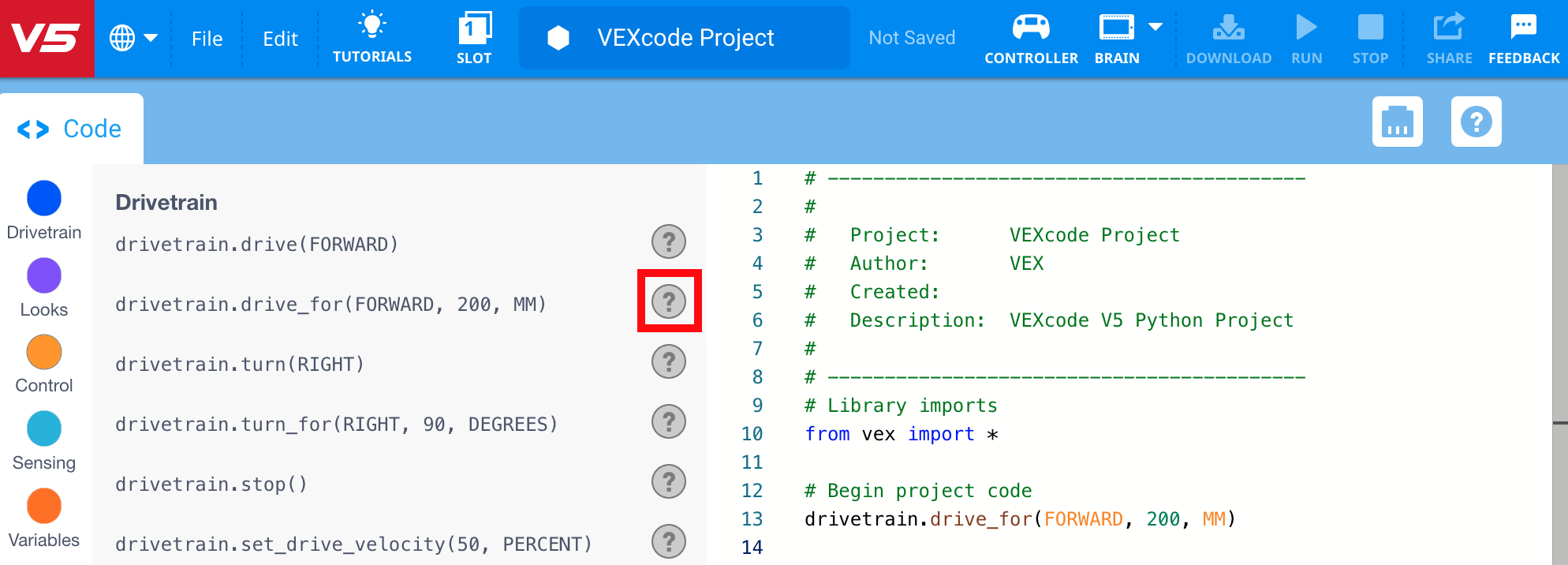Εργαλειοθήκη Python VEXcode V5 με το εικονίδιο Βοήθειας επισημασμένο δίπλα στην εντολή Drive for.