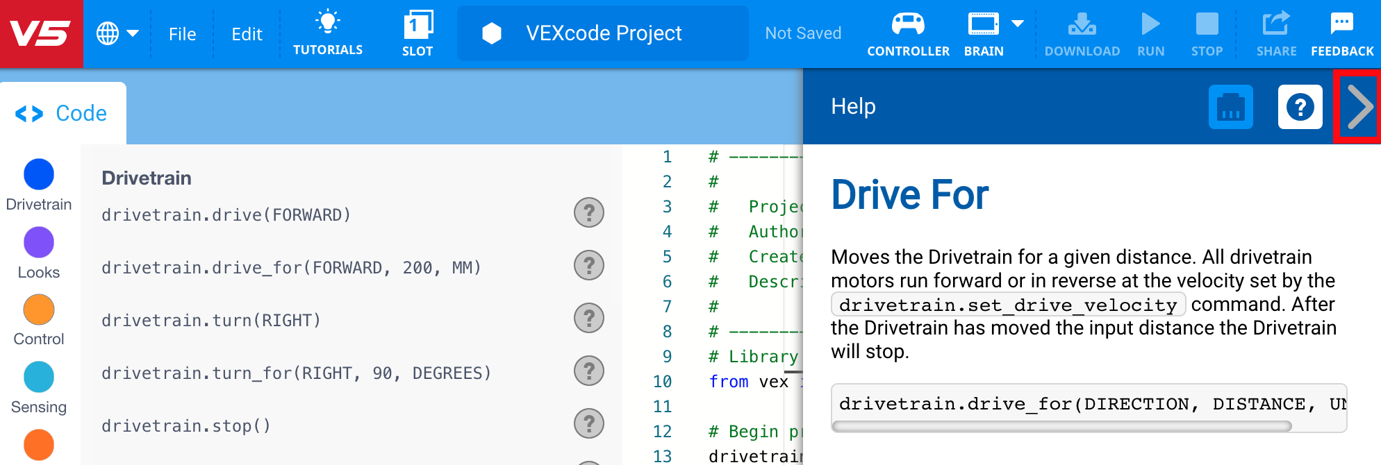 VEXcode V5 με ανοιχτό το μενού Βοήθεια και επισημασμένο το βέλος Κλείσιμο Μενού στην επάνω δεξιά γωνία.