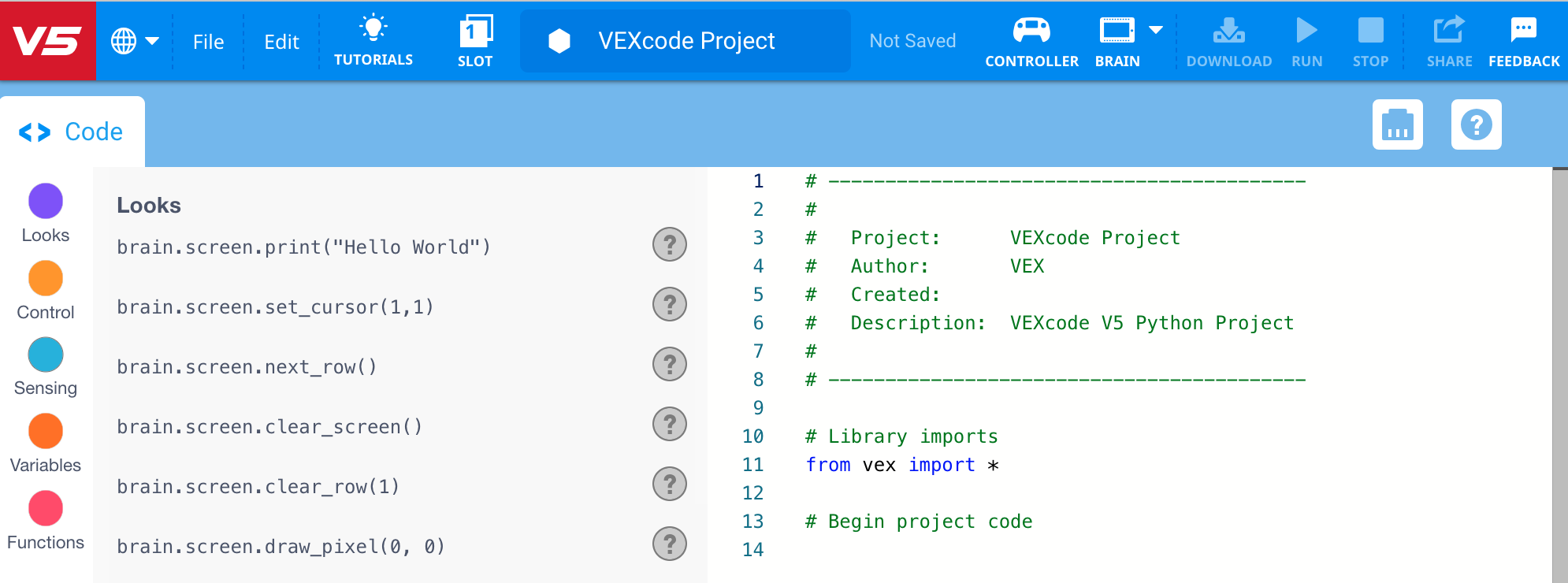 Νέο έργο Python άνοιξε στο VEXcode V5.