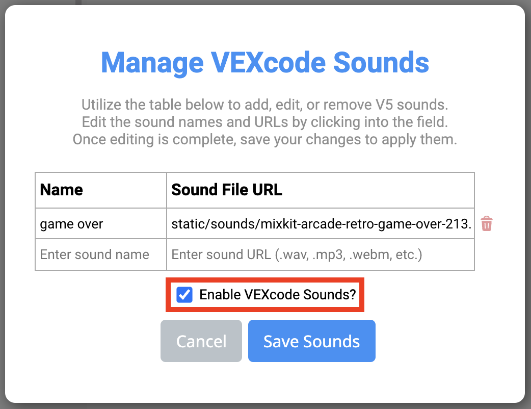 VEXcode V5 Διαχειριστείτε το μενού Ήχοι VEXcode με το πλαίσιο ελέγχου Ενεργοποίηση ήχων VEXcode επιλεγμένο και επισημασμένο.