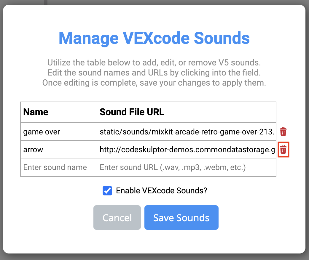 VEXcode V5 Διαχείριση του μενού Ήχων VEXcode με επισημασμένο το εικονίδιο του κάδου απορριμμάτων δίπλα στον νέο ήχο βέλους. Κάθε προσαρμοσμένος ήχος έχει ένα εικονίδιο κάδου απορριμμάτων δίπλα του.