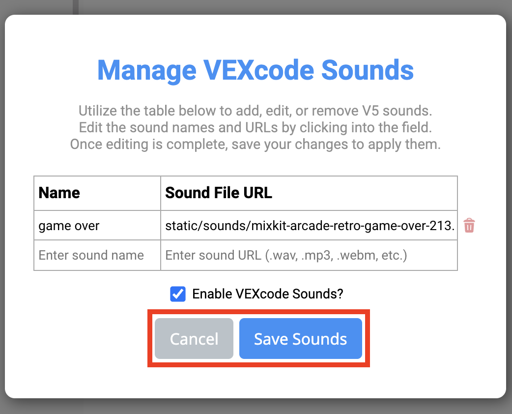 VEXcode V5 Διαχείριση μενού Ήχων VEXcode με επισημασμένα τα κουμπιά Αποθήκευση ήχων και Άκυρο.