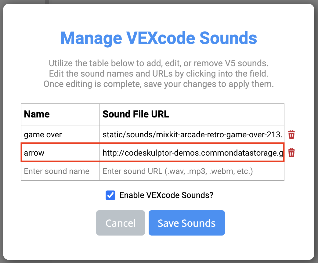 VEXcode V5 Διαχείριση του μενού Ήχοι VEXcode με τον νέο ήχο βέλους επισημασμένο.