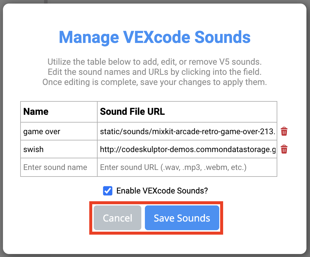 VEXcode V5 Διαχείριση μενού Ήχων VEXcode με επισημασμένα τα κουμπιά Αποθήκευση ήχων και Άκυρο.