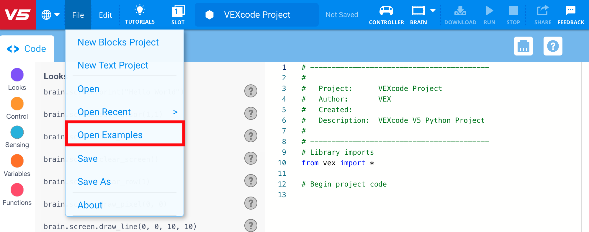 Γραμμή εργαλείων VEXcode V5 με ανοιχτό το μενού Αρχείο και επισημασμένη την επιλογή Άνοιγμα Παραδειγμάτων. Η επιλογή Άνοιγμα Παραδειγμάτων είναι η πέμπτη επιλογή στο μενού, κάτω από τα Νέα Έργα Μπλοκ, Νέο Έργο Κειμένου, Άνοιγμα και Άνοιγμα Πρόσφατων.