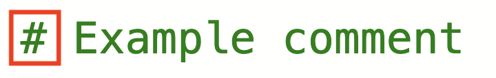 Ένα σχόλιο στην Python διαβάζεται ως # Παράδειγμα σχολίου. Ολόκληρη η γραμμή κώδικα έχει έντονο πράσινο χρώμα.