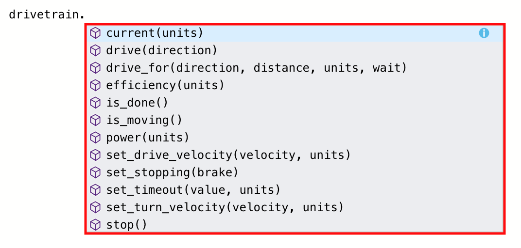 Χώρος εργασίας Python VEXcode V5 με αναπτυσσόμενο μενού προτεινόμενων εντολών. Η συσκευή μετάδοσης κίνησης και ένας τελεστής τελείας έχουν πληκτρολογηθεί και οι εντολές για αυτήν τη συσκευή είναι διαθέσιμες στο μενού.