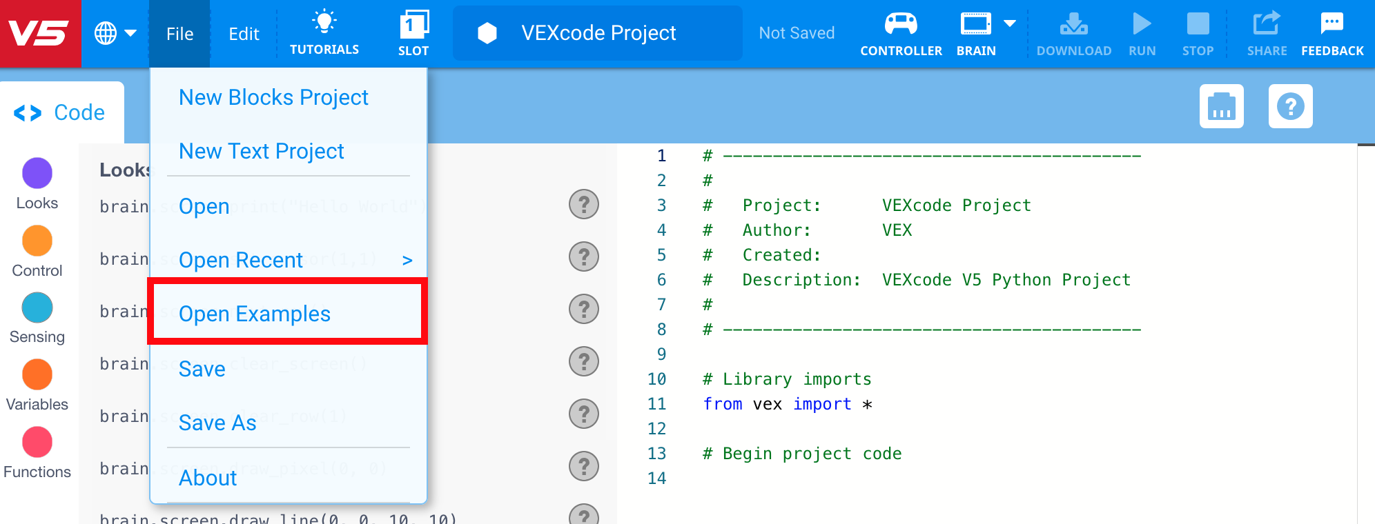 Γραμμή εργαλείων VEXcode V5 με ανοιχτό το μενού Αρχείο και επισημασμένη την επιλογή Άνοιγμα Παραδειγμάτων. Η επιλογή Άνοιγμα Παραδειγμάτων είναι η πέμπτη επιλογή στο μενού, κάτω από τα Νέα Έργα Μπλοκ, Νέο Έργο Κειμένου, Άνοιγμα και Άνοιγμα Πρόσφατων.