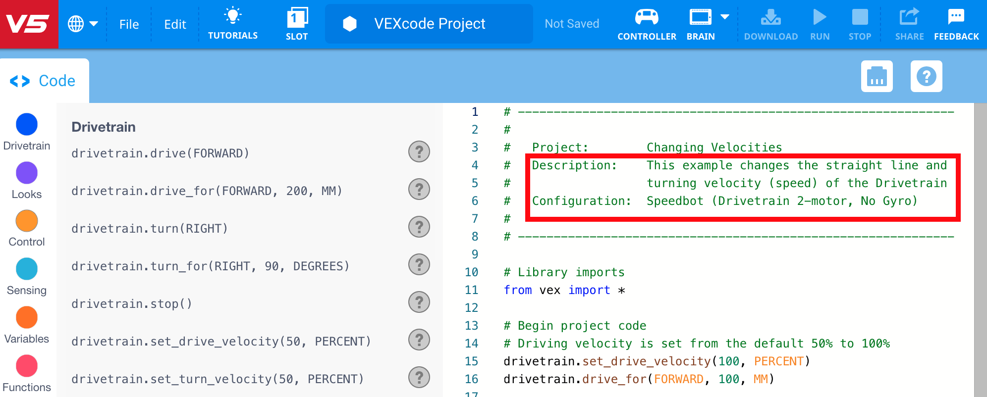 VEXcode V5 με ανοιχτό το παράδειγμα έργου Αλλαγή Ταχύτητας και με επισημασμένα τα πεδία σχολίων Περιγραφή και Διαμόρφωση.