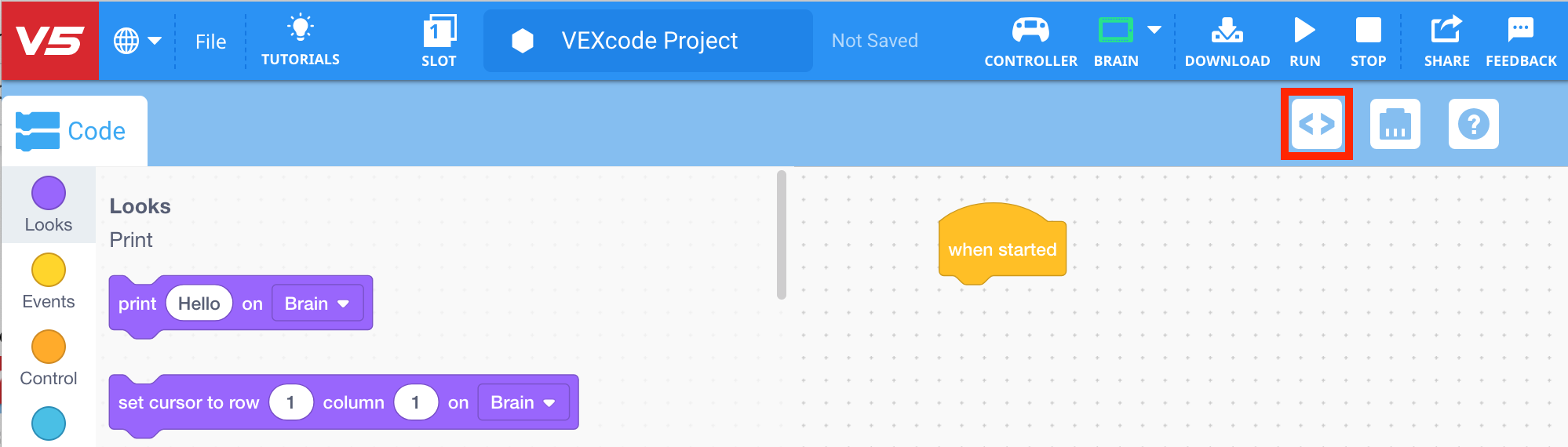 Γραμμή εργαλείων VEXcode V5 με το εικονίδιο Προβολής Κώδικα επισημασμένο στα αριστερά του εικονιδίου Συσκευές.