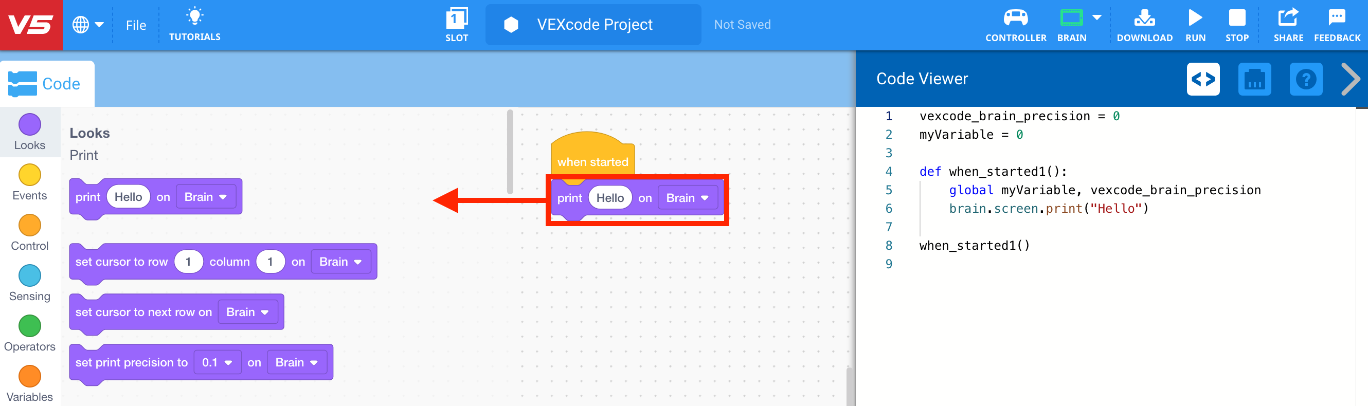 Το ίδιο έργο μπλοκ VEXcode V5, τώρα με ένα βέλος που υποδεικνύει ότι το μπλοκ Εκτύπωσης πρέπει να απορριφθεί σύροντάς το στην Εργαλειοθήκη.