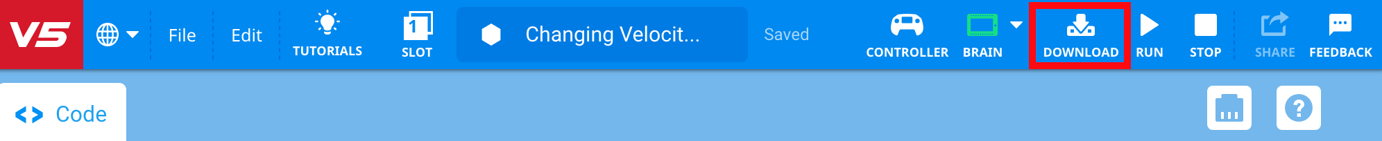 Γραμμή εργαλείων VEXcode V5 με το εικονίδιο Λήψης επισημασμένο ανάμεσα στα εικονίδια Brain και Run.