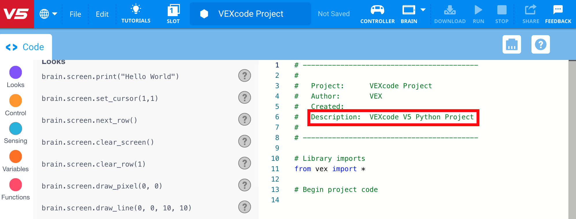 Νέο έργο Python άνοιξε στο VEXcode V5. Το σχόλιο Περιγραφή είναι επισημασμένο και από προεπιλογή διαβάζει VEXcode V5 Python Project.
