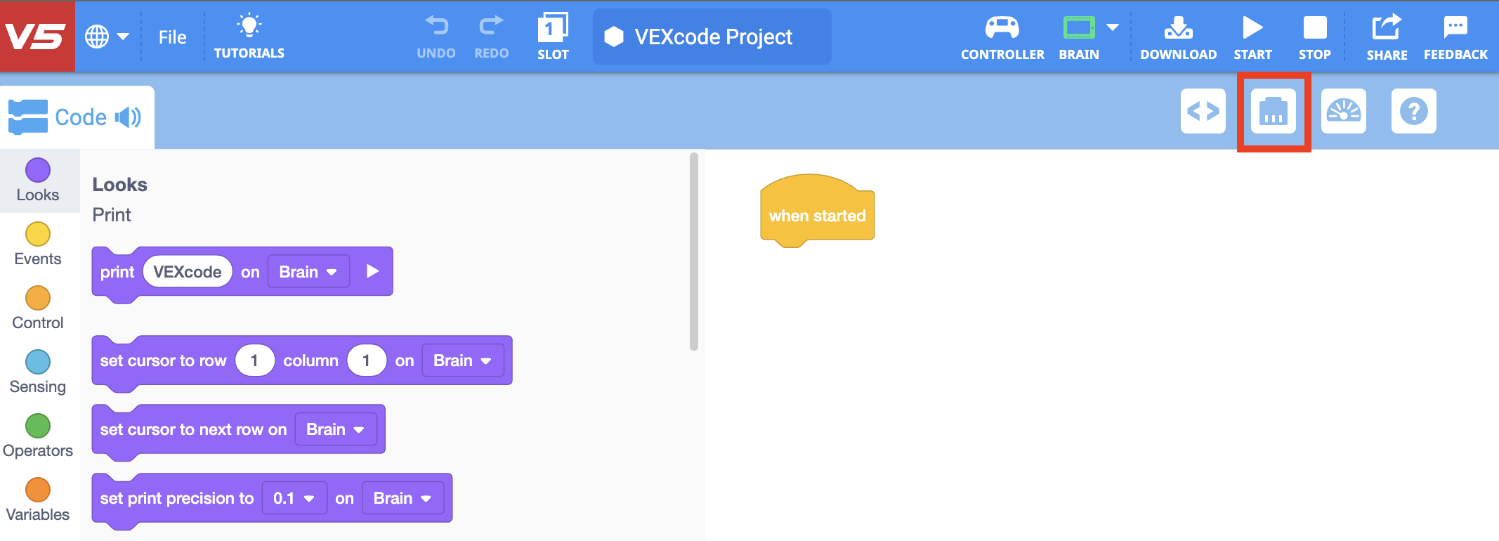 Γραμμή εργαλείων VEXcode V5 με το εικονίδιο Συσκευές επισημασμένο ανάμεσα στα εικονίδια Προβολής Κώδικα και Κονσόλας Εκτύπωσης.