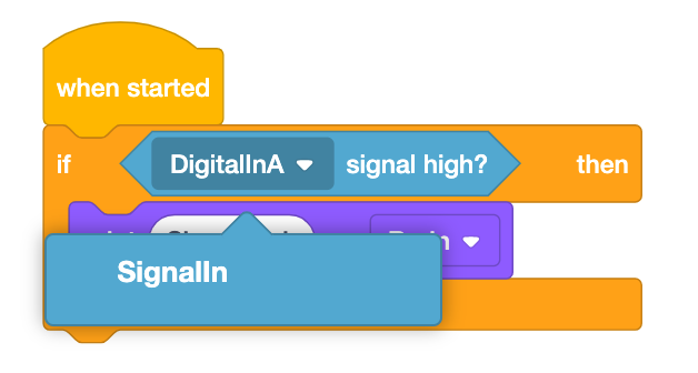 Το VEXcode V5 Digital σε boolean μπλοκ εμφανίζεται με ανοιχτό το αναπτυσσόμενο μενού συσκευής. Το νέο όνομα συσκευής της Ψηφιακής Εισόδου εμφανίζεται στο αναπτυσσόμενο μενού και είναι SignalIn.