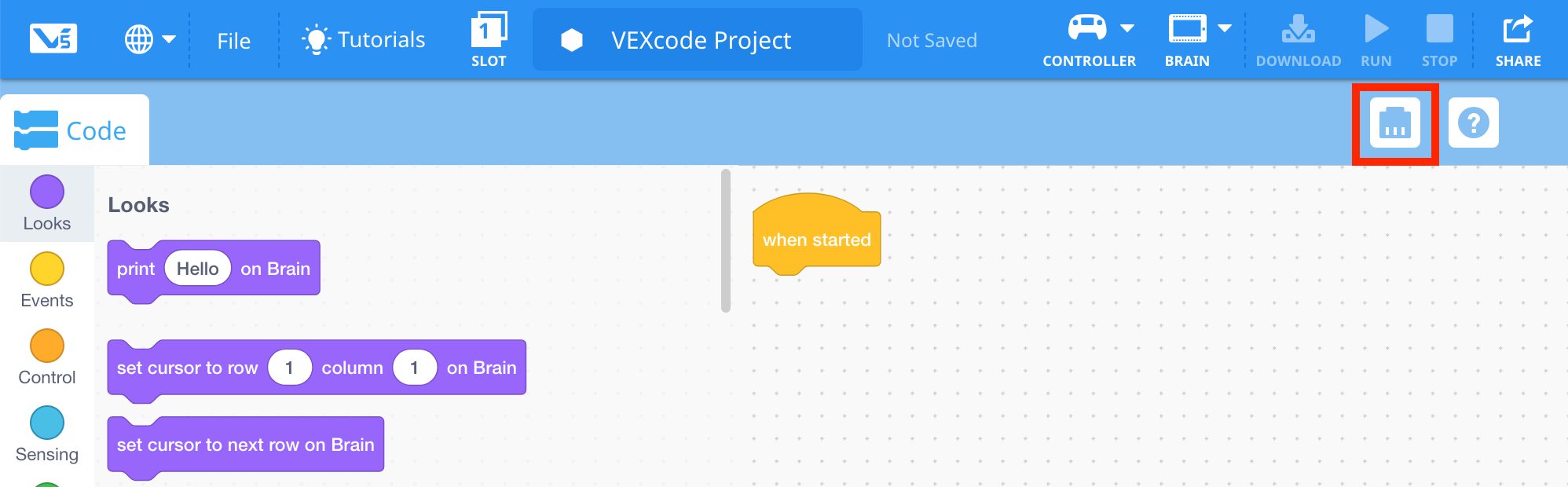 Γραμμή εργαλείων VEXcode V5 με το εικονίδιο Συσκευές επισημασμένο στα αριστερά του εικονιδίου Βοήθειας.