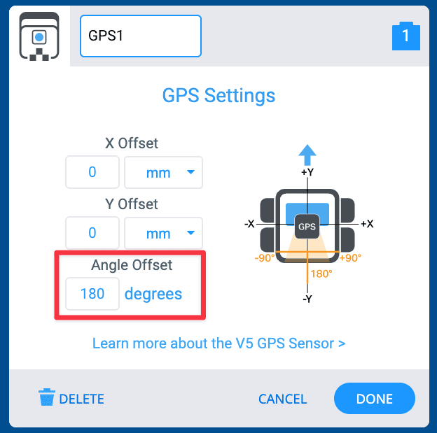 Παράθυρο Συσκευές VEXcode V5 με τις Ρυθμίσεις GPS που εμφανίζονται. Η επιλογή Μετατόπιση γωνίας είναι επισημασμένη και σε αυτό το παράδειγμα έχει οριστεί σε 180 μοίρες.