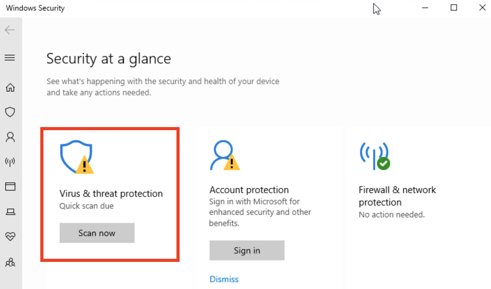 Μενού Ασφάλειας των Windows με πολλές επιλογές, η μία αναφέρει Προστασία από ιούς και απειλές και οι άλλες αναφέρουν Προστασία λογαριασμού και Τείχος προστασίας και Προστασία δικτύου. Η επιλογή Προστασία από ιούς και απειλές είναι επισημασμένη.