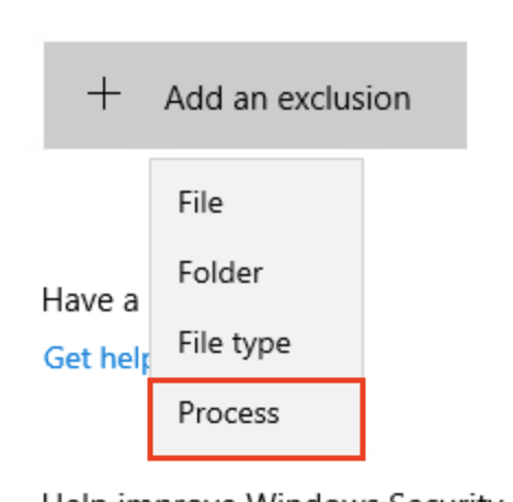 Μενού Εξαιρέσεις ασφαλείας των Windows αφού επιλέξετε το κουμπί Προσθήκη εξαίρεσης. Ανοίγει ένα αναπτυσσόμενο μενού και επισημαίνεται η επιλογή Διαδικασία. Η Διαδικασία είναι η τέταρτη επιλογή στο αναπτυσσόμενο μενού, κάτω από τα Αρχείο, Φάκελος και Τύπος αρχείου.