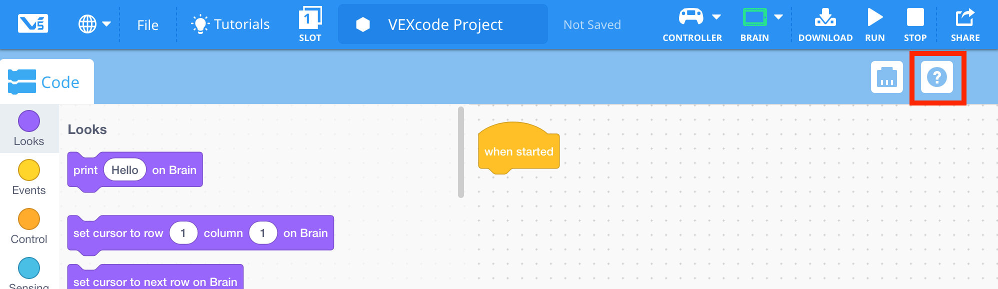 Γραμμή εργαλείων VEXcode V5 με το εικονίδιο Βοήθειας επισημασμένο στα δεξιά του εικονιδίου Οθόνης.