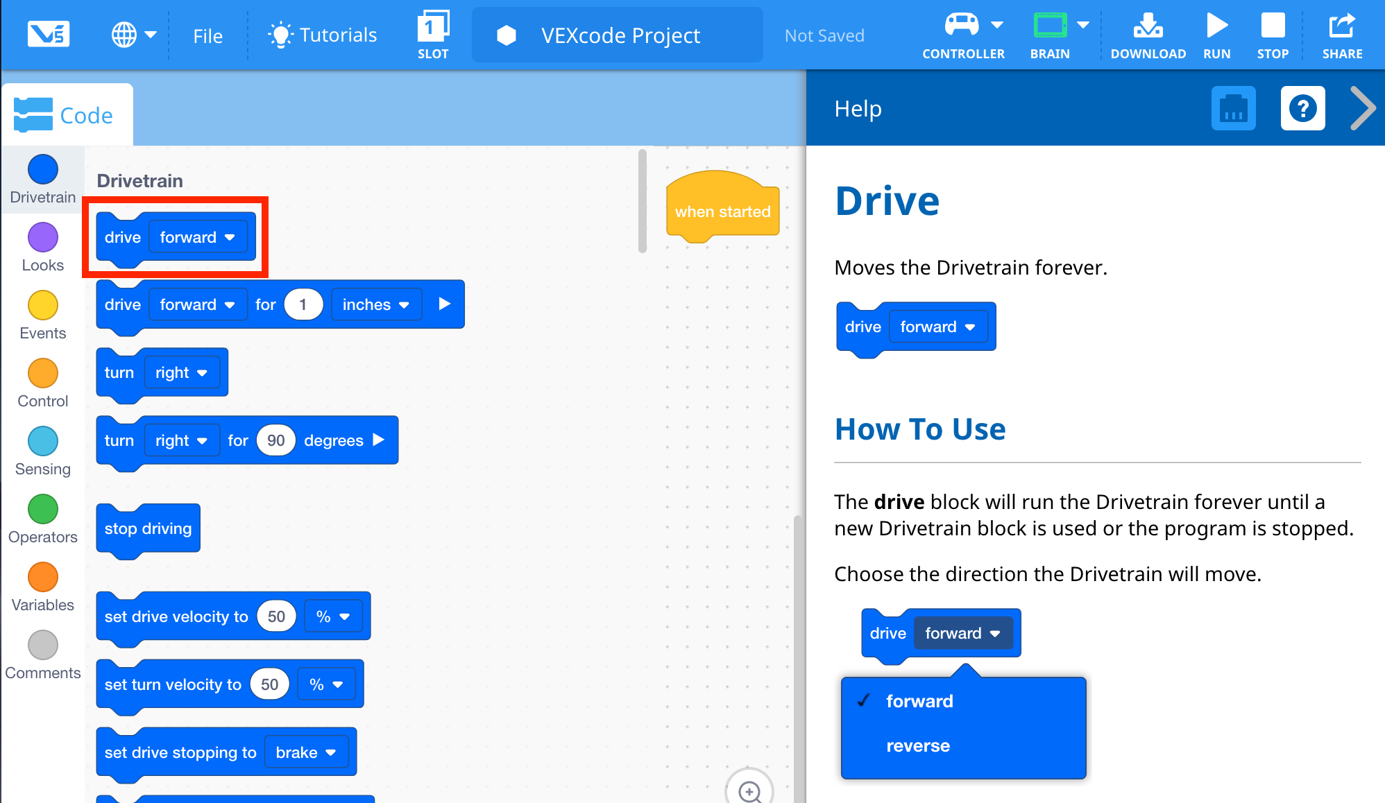 Το VEXcode V5 μπλοκάρει την Εργαλειοθήκη με το μπλοκ Drive να εμφανίζεται και να είναι επιλεγμένο. Το μενού Βοήθεια ανοίγει στο πλάι και το μπλοκ Μονάδα δίσκου περιγράφεται στο μενού. Εμφανίζονται περιγραφές του μπλοκ και ο τρόπος χρήσης του, μαζί με εικόνες με παραδείγματα χρήσης.