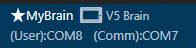 Γραμμή αναζήτησης VS Code με ένα στοιχείο Λίστας Γρήγορης Επιλογής που εμφανίζεται για την παροχή λεπτομερειών. Το στοιχείο αναφέρει MyBrain, V5 Brain, User COM8, Comm COM7.