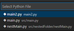 Γραμμή αναζήτησης VS Code με μια λίστα γρήγορης επιλογής όλων των αρχείων Python σε αυτό το έργο VEX. Σε αυτό το παράδειγμα, υπάρχουν τρία αρχεία Python, το καθένα σε διαφορετική θέση αρχείου.