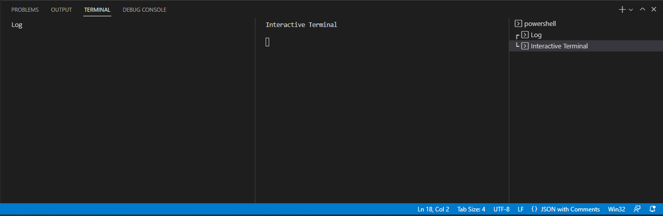 Το παράθυρο του τερματικού VS Code είναι ανοιχτό και εμφανίζει το τερματικό καταγραφής VEX και το διαδραστικό τερματικό VEX.