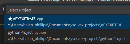 Γραμμή αναζήτησης VS Code με λίστα γρήγορης επιλογής αποθηκευμένων έργων VEX. Σε αυτό το παράδειγμα, υπάρχει ένα έργο Python και ένα έργο C++.