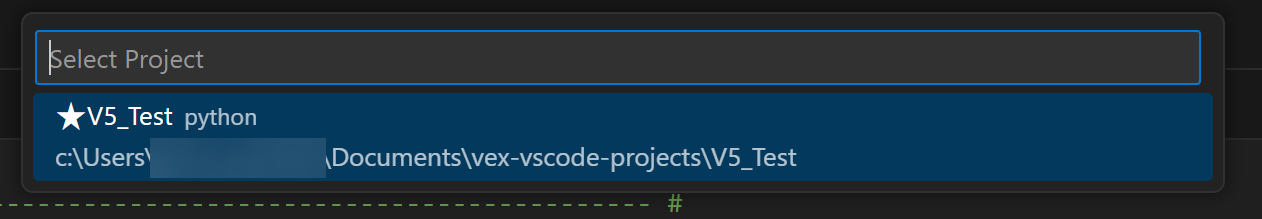 Γραμμή αναζήτησης VS Code με λίστα γρήγορης επιλογής αποθηκευμένων έργων VEX. Σε αυτό το παράδειγμα, υπάρχει μόνο ένα έργο VEX και διαβάζει V5_Test.