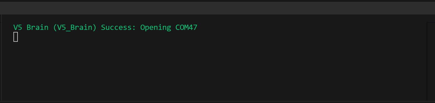 Το VS Code VEX Interactive Terminal ανοίγει και εμφανίζει μηνύματα που περιγράφουν λεπτομερώς την κατάσταση σύνδεσης VEX Brain.