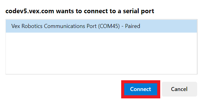 Το παράθυρο σύνδεσης της συσκευής Microsoft Edge είναι ανοιχτό με ένα στοιχείο που αναφέρει VEX Robotics Communications Port. Παρακάτω, υπάρχει ένα κουμπί Σύνδεση και ένα κουμπί Ακύρωση, και το κουμπί Σύνδεση είναι επισημασμένο.